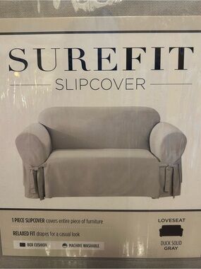 Sure Fit Loveseat Slipcover in Duck Solid Gray Relaxed Fit Box Cushion Cotton